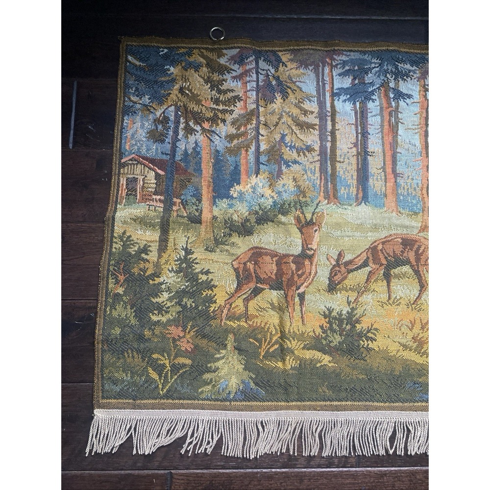 Vintage Deer Forrest Cabin Wall Hanging Tapestry 53 x 25" Hunting Scene - Picture 2 of 16